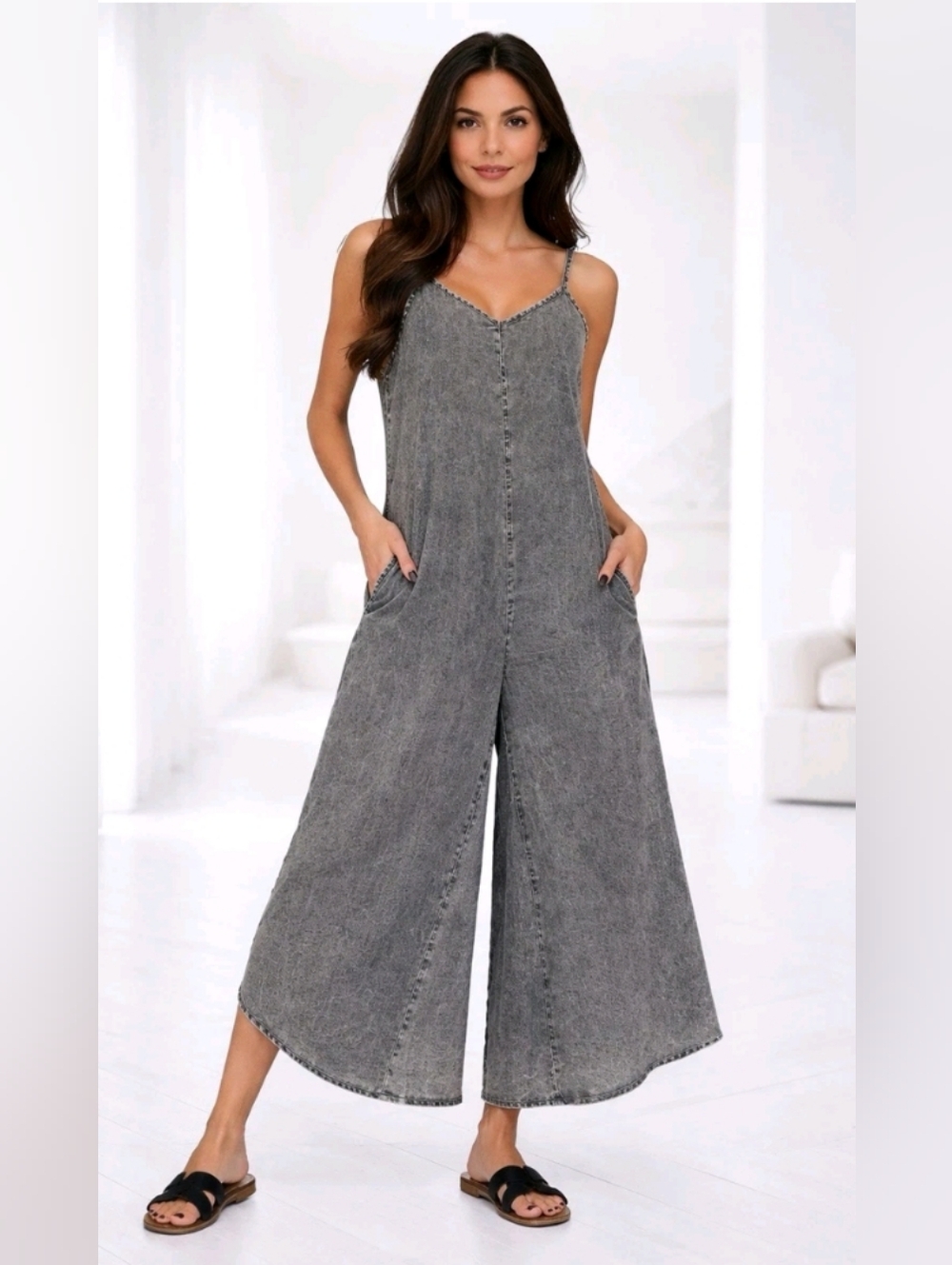 Zenana Women's Acid-Washed Sleeveless Wide Leg Lounge Jumpsuit in Black Sz S,M
